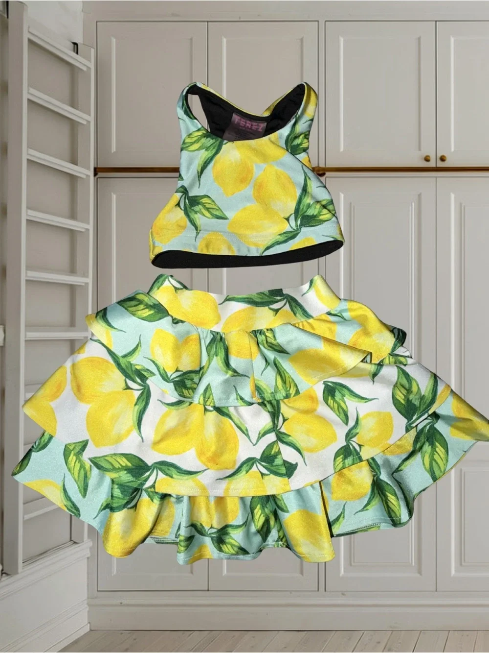 🍋Terez Girls Aqua Lemon Spritz Two Piece Set Sports Bra Tiered Skirt Size 5 🍋
